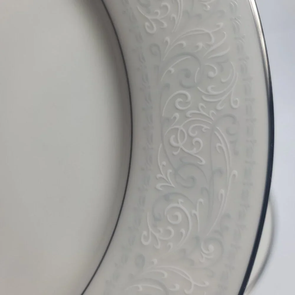 TWO Noritake Trudy Dinner Plates Ivory with Blue & White Scrolls 7087